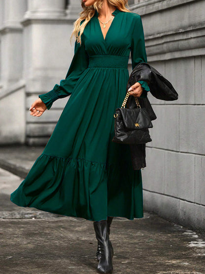 A-line Flared Sleeves Elasticity Pleated Color V-neck Midi Dresses