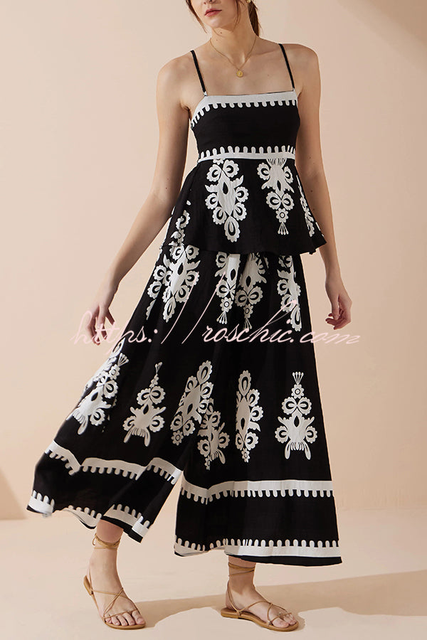 Unique Print Suspender Pleated Top and Elastic Waist Loose Wide-leg Pants Set