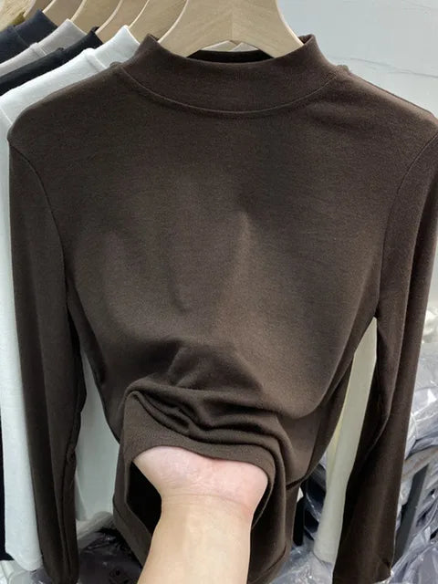 Basic Pure Cotton White T-shirt for Slim Top ’s Half Turtleneck Long Sleeve T-shirts