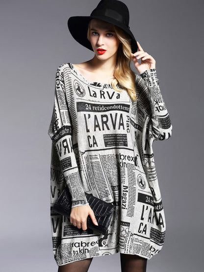 Loose One-shoulder Newspaper Printed Split-joint Sweater