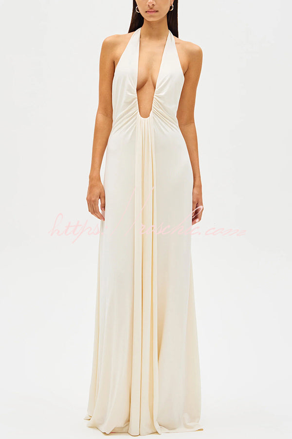 Silhouette Deep U-neck Halter Waterfall Sash Drape Maxi Dress