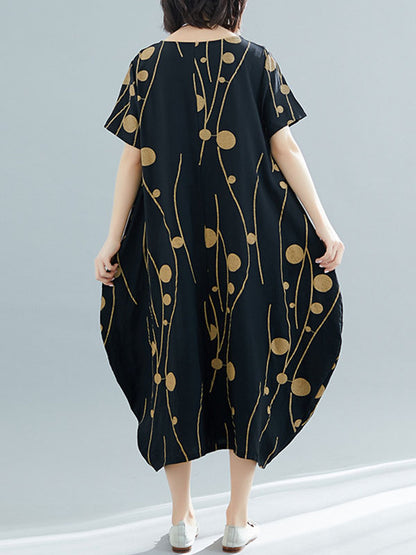 Loose Short Sleeves Printed Round-neck Midi Dresses