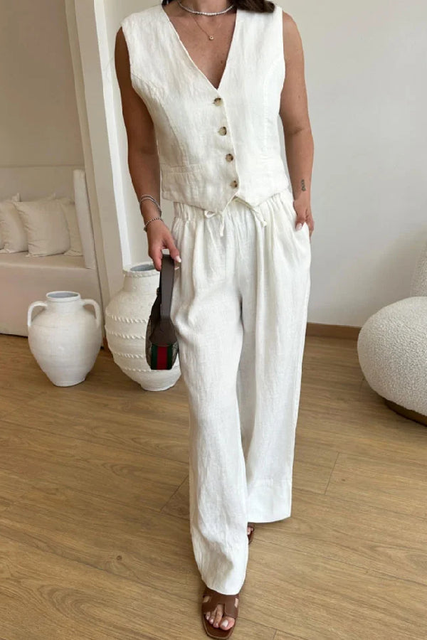 Color Cotton Linen Vest \u0026 Lace-up Pants Two-piece Set