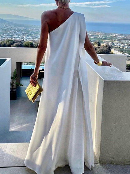 Loose Asymmetric Color Split-joint One-shoulder Maxi Dresses