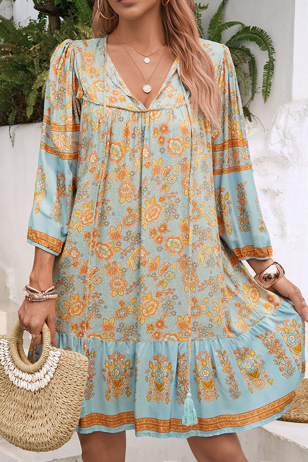 Style Unique Printed V-neck Tie Loose Mini Dress