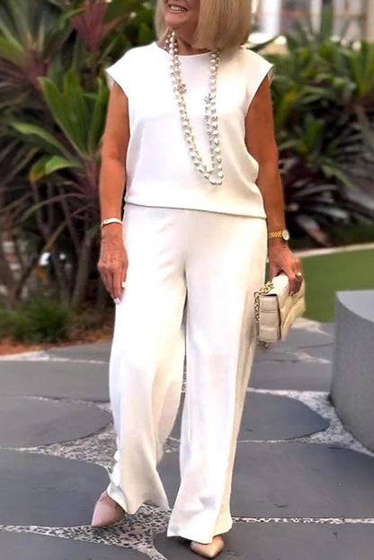 Color Crew Neck Sleeveless Top and Pocket Straight Leg Pants Set