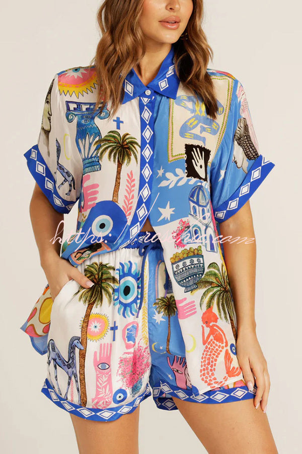 Unique Printed Short-sleeved Loose Shirt and Elastic Waist Drawstring Pocket Shorts Set