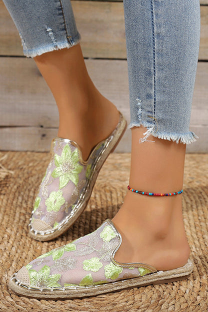 Linen Woven Flat Round Toe Half Slippers