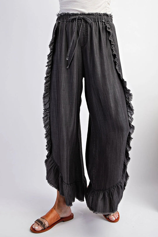 Color Ruffled Elastic Waist Tie Loose Denim Flared Pants