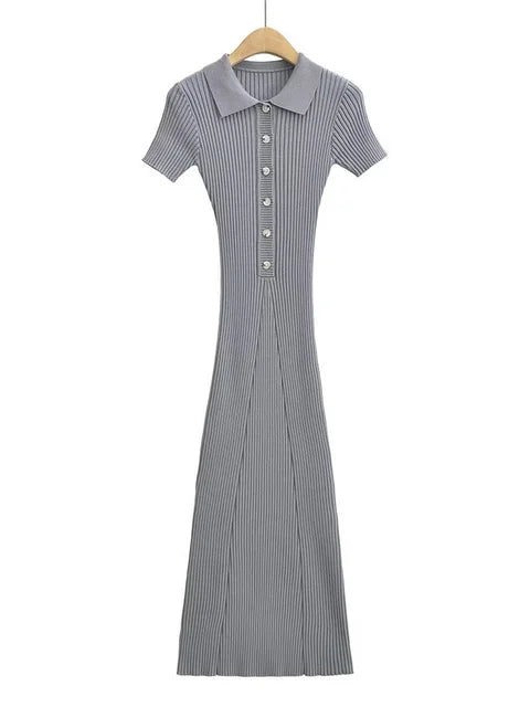 Ribbed High Waist Slim Maxi Dress for Knitwear Lapel Party Dress Gown Short Sleeve Knit Dress