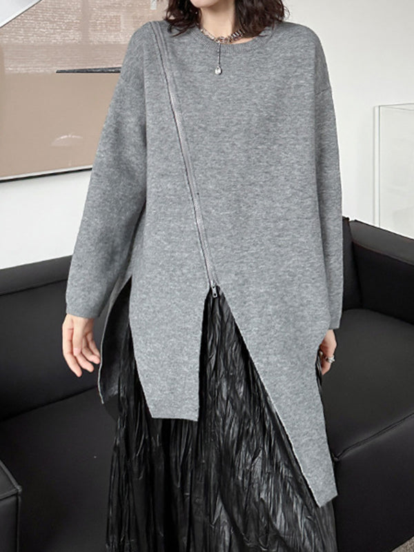 Street Grey Round-neck Zipper Decor Irregular High-low Hem Long Sleeve Sweater An1067
