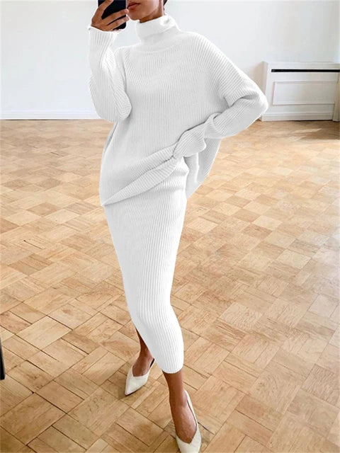 Knitted 2 Piece Outfit Set Long Sleeve Sweater Top and Pencil Long Skirts Autumn Two Piece Sweater Sets
