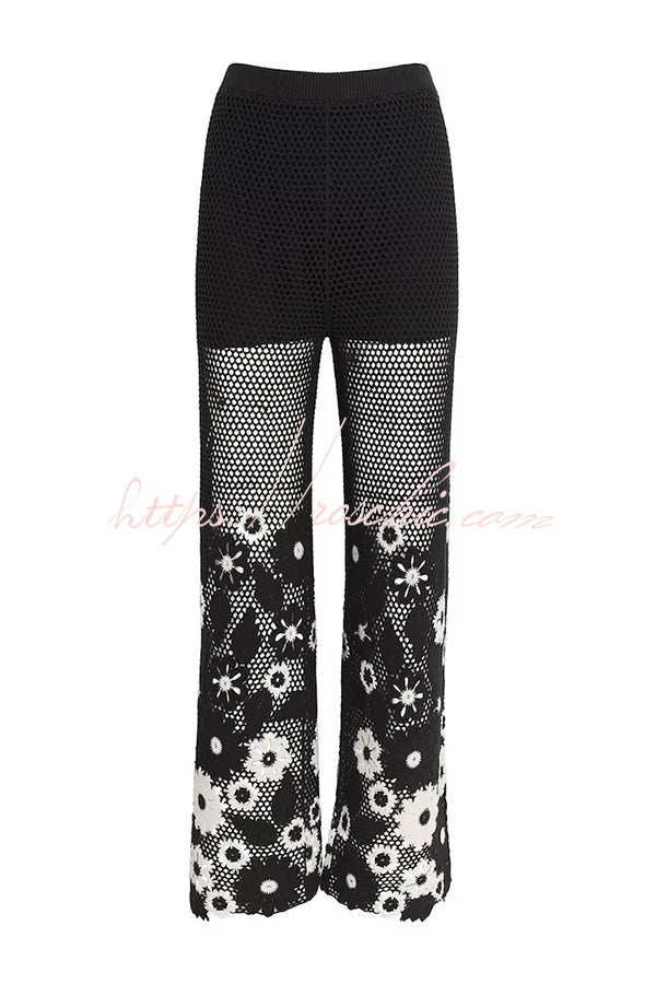 Embroidered Hollow Hook Elastic Waist Wide-leg Pants