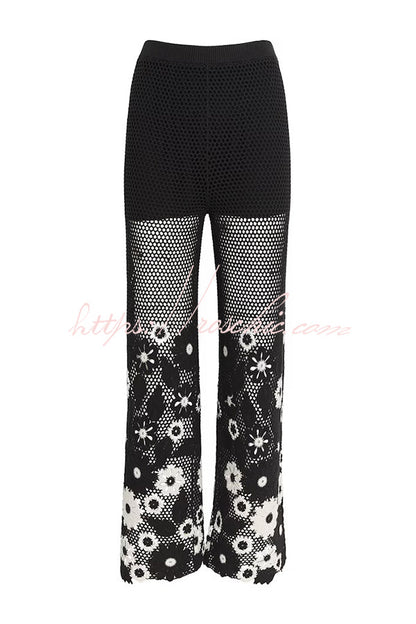 Embroidered Hollow Hook Elastic Waist Wide-leg Pants