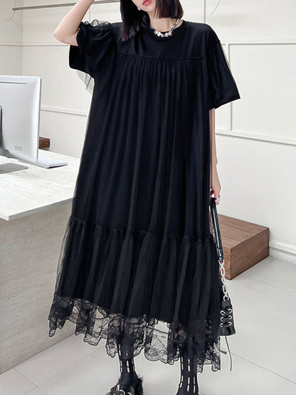 Fake Two-piece Loose Gauze Pleated Color Split-joint Tiered Round-neck Midi Dresses