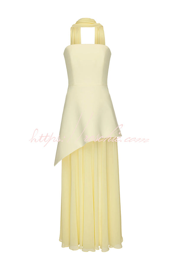 Monaco Off Shoulder Structured Top Chiffon Slit Hem Scarf Maxi Dress