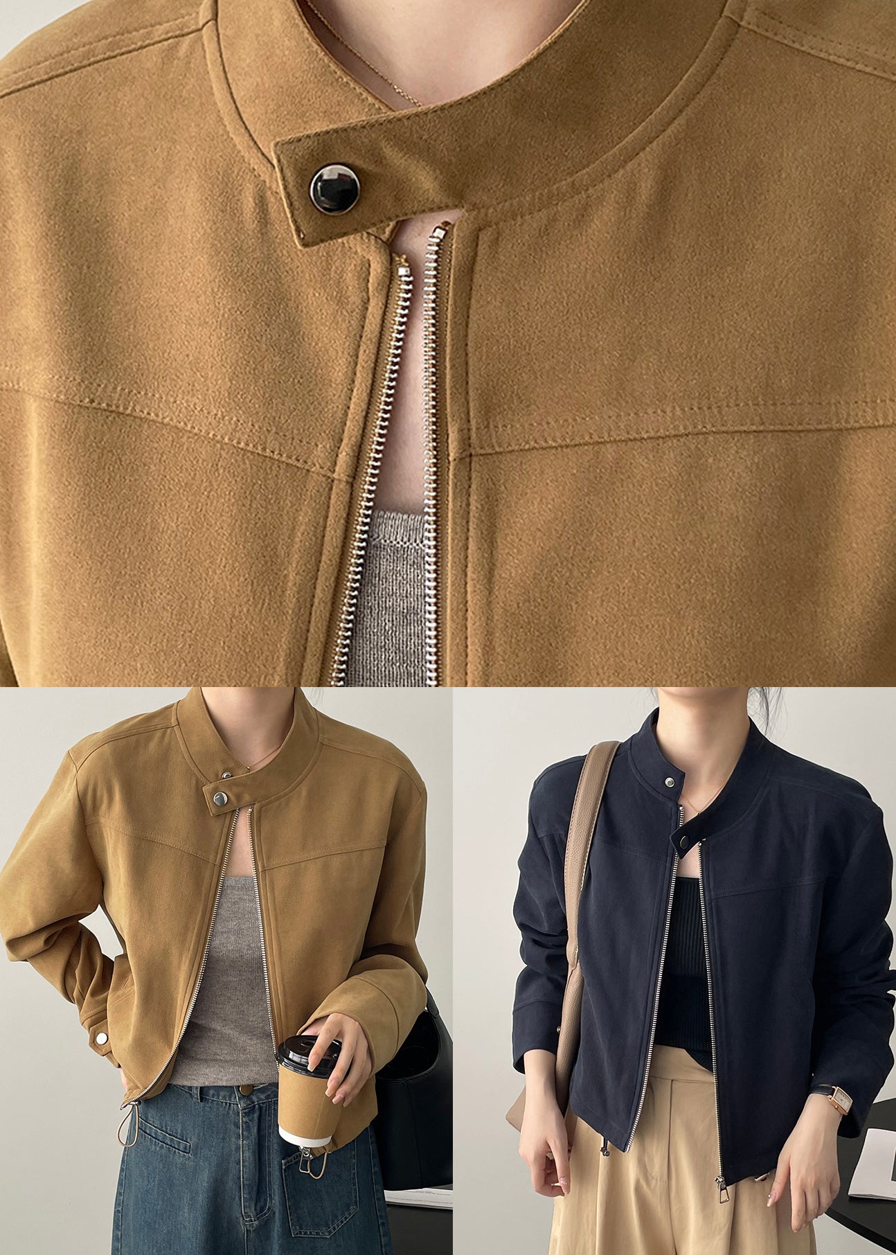 Navy Short Coat Outwear Zip Up Stand Collar Drawstring Fall Wd007