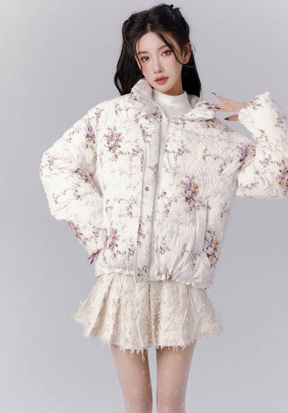 Ethereal Bloom Winter Set: Puffer Jacket and Pleated Lace Skirt
