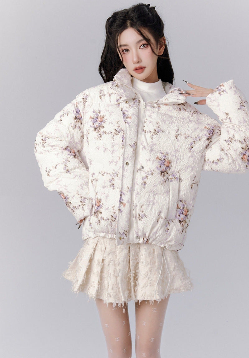 Ethereal Bloom Winter Set: Puffer Jacket and Pleated Lace Skirt