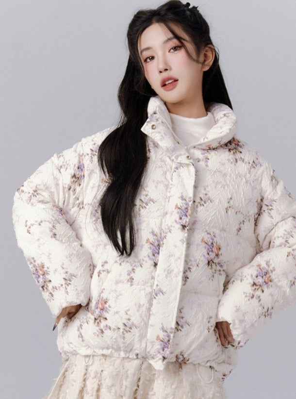 Ethereal Bloom Winter Set: Puffer Jacket and Pleated Lace Skirt