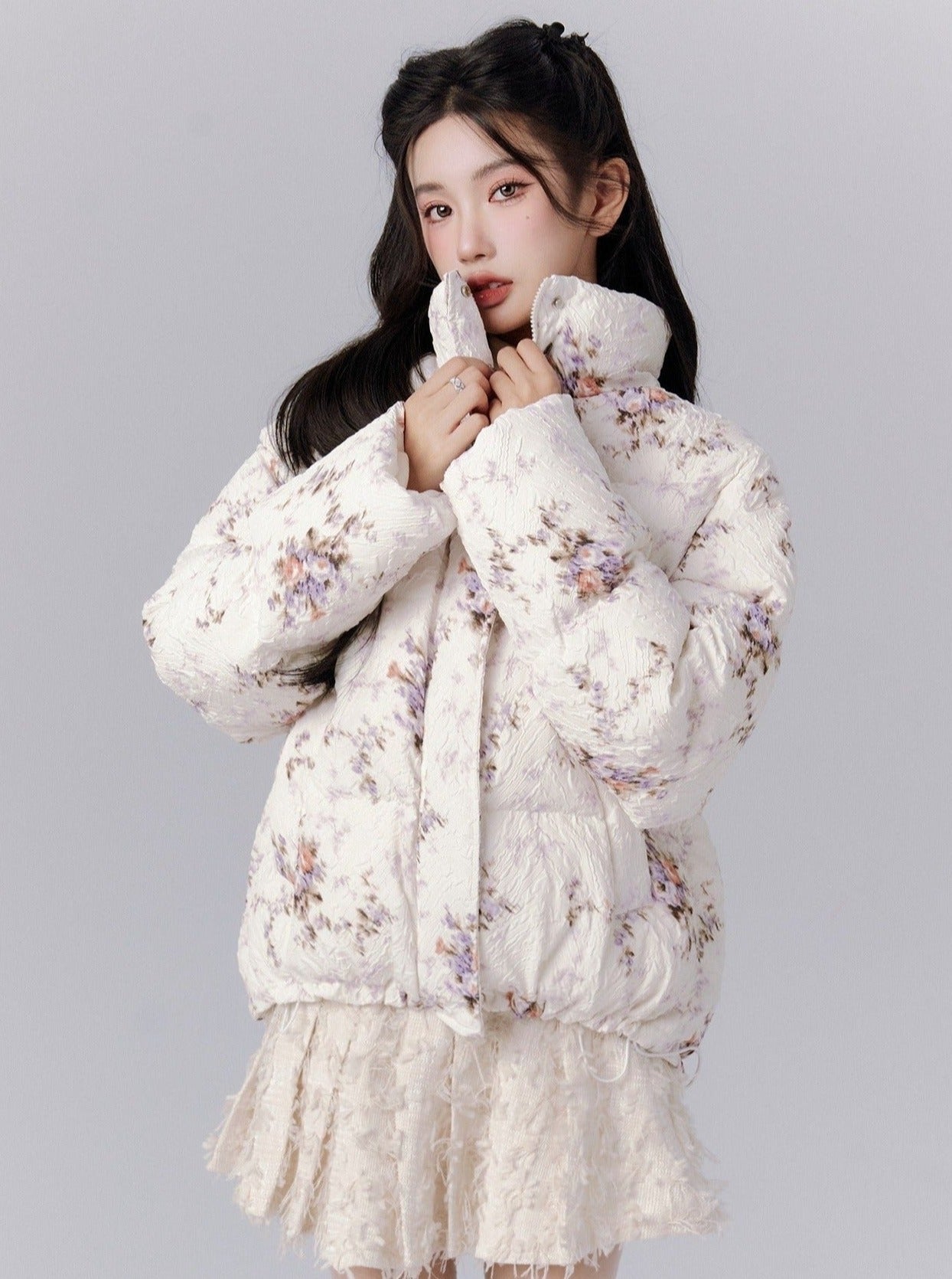 Ethereal Bloom Winter Set: Puffer Jacket and Pleated Lace Skirt