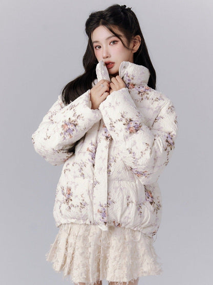 Ethereal Bloom Winter Set: Puffer Jacket and Pleated Lace Skirt