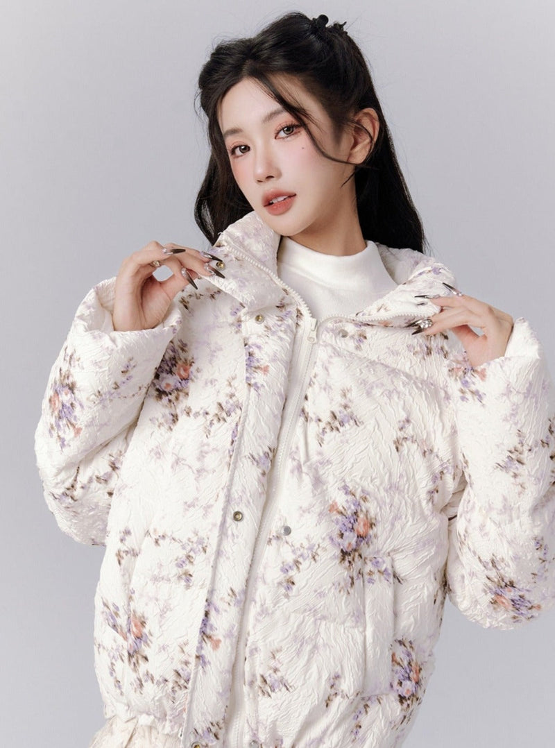 Ethereal Bloom Winter Set: Puffer Jacket and Pleated Lace Skirt