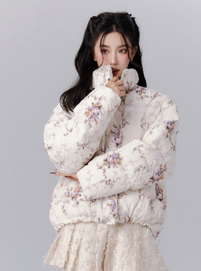Ethereal Bloom Winter Set: Puffer Jacket and Pleated Lace Skirt