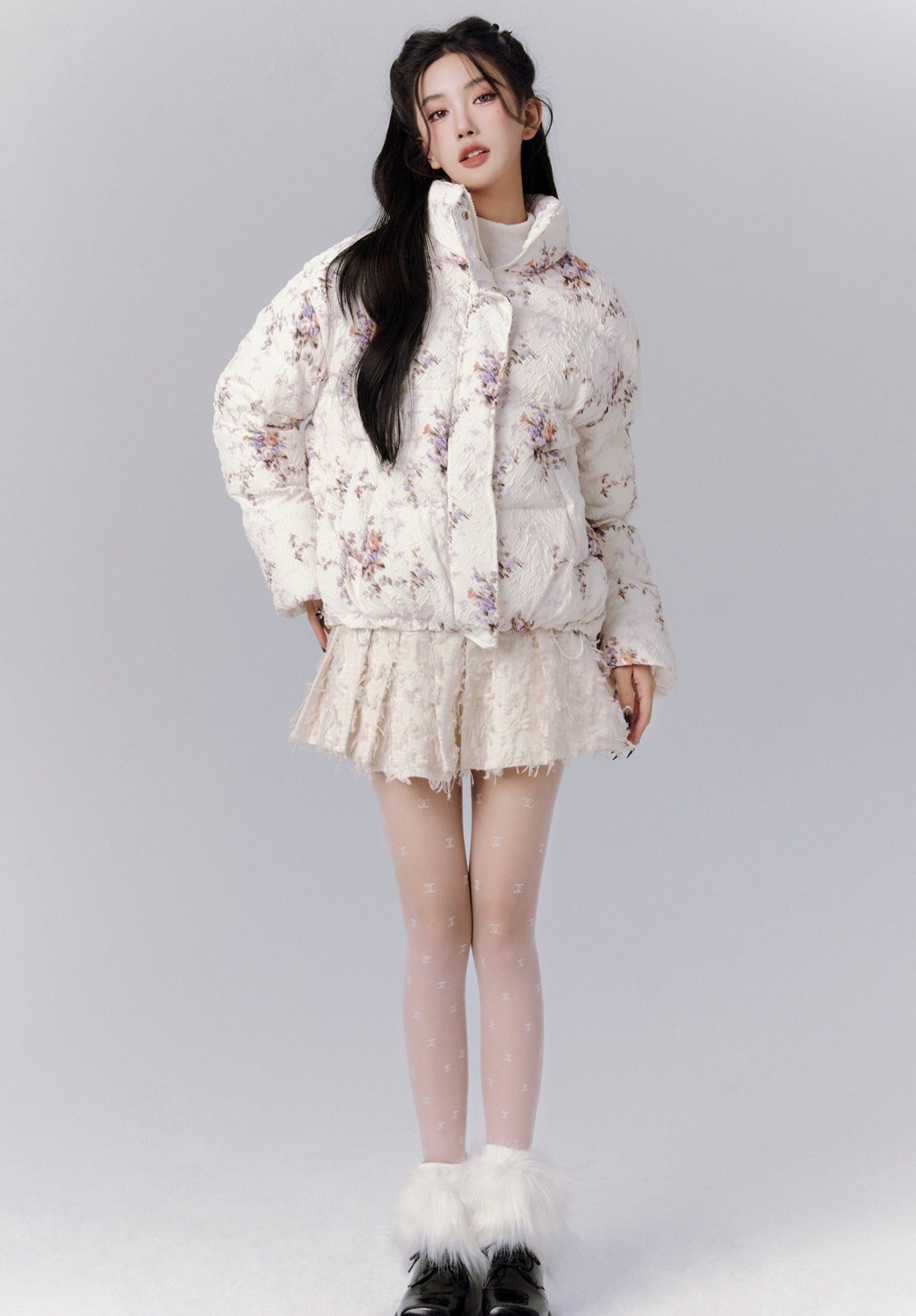 Ethereal Bloom Winter Set: Puffer Jacket and Pleated Lace Skirt
