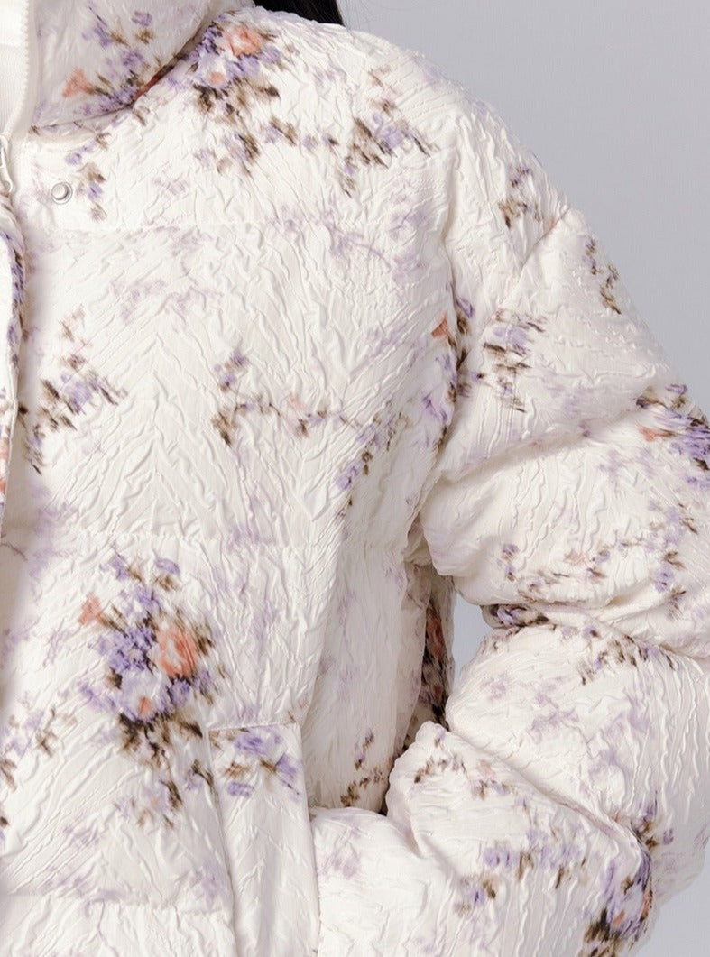 Ethereal Bloom Winter Set: Puffer Jacket and Pleated Lace Skirt