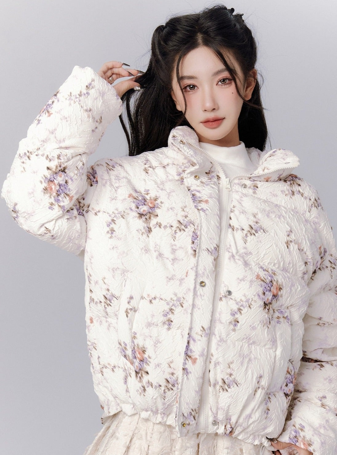 Ethereal Bloom Winter Set: Puffer Jacket and Pleated Lace Skirt