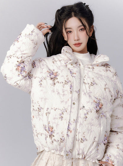 Ethereal Bloom Winter Set: Puffer Jacket and Pleated Lace Skirt