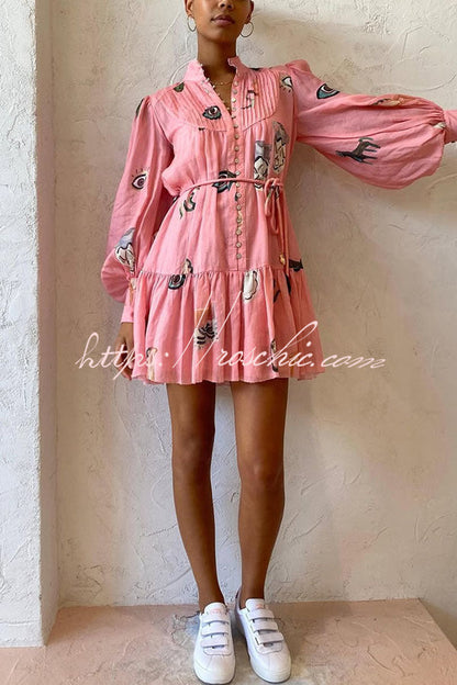 Unique Print Single Breasted Balloon Sleeve Tie Waist Ruffled Mini Dress