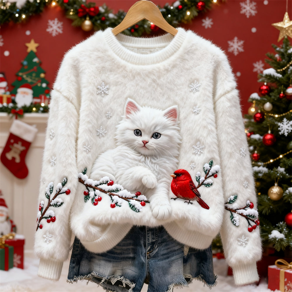 Christmas Cat & Bird Art Women's Flannel Sweater elevenforest