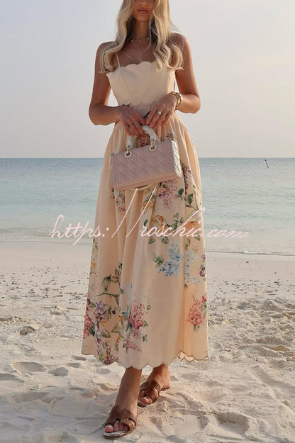 Cabo Sunsets Print Petal Trim Back Lace-up Midi Dress