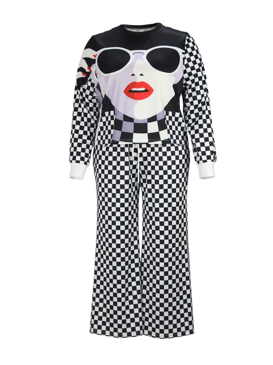 Figure Plaid Print Wide Leg Pants Set At9030