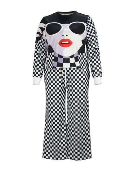 Figure Plaid Print Wide Leg Pants Set At9030