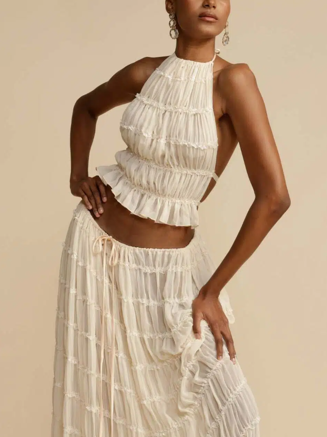 Versatility and Charm Pleated Drawstring Waist Tiered Maxi Skirt