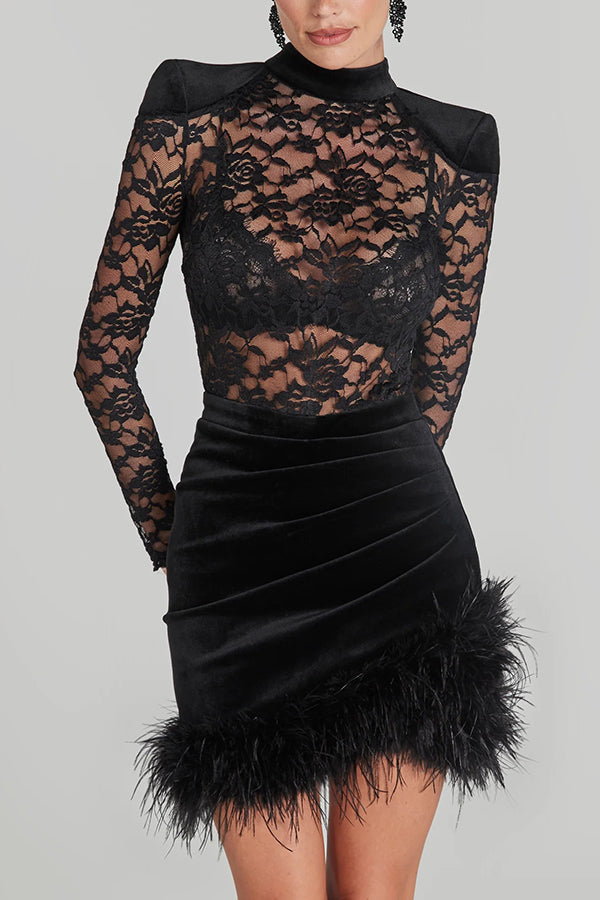 Freya Lace Velvet Patchwork Feather Trim Ruched Stretch Mini Dress