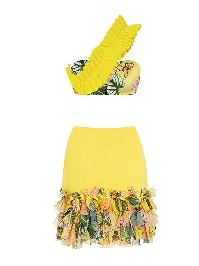 Ruffle One-shoulder Swimsuit and Skirt