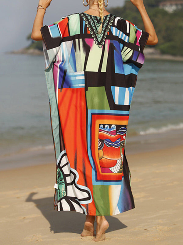 Batwing Sleeves Loose Printed Split-joint Split-side V-neck Maxi Dresses