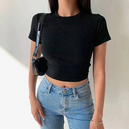 Short Sleeve T-shirt Simple Soft All-match Basic Crop Tops Tees Summer Skinny Tops Black White