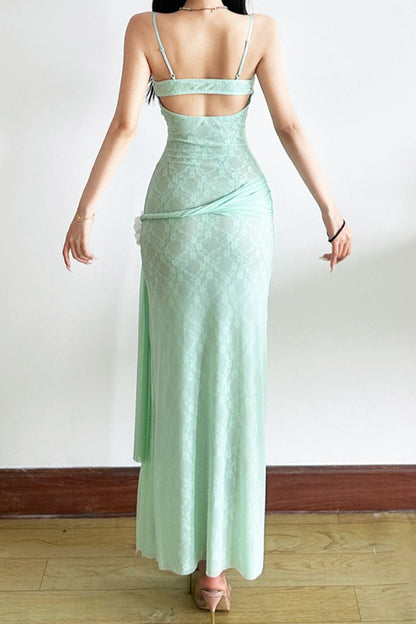 Lace Mesh 3d Waist Cinched Cami Maxi Dress