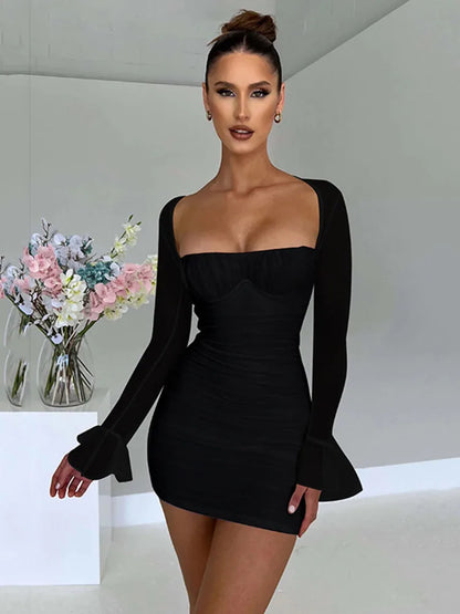 Backless Mini Dress for Robe Two Layer Mesh Full Sleeve Zipper Bodycon Party Short Dress Vestido