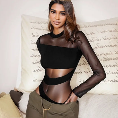 Spring Summer New Cut Cross Hollow Mesh Jumpsuit Long-sleeved Thin O Neck Diagonal Black Charming Bodysuit Clubwear