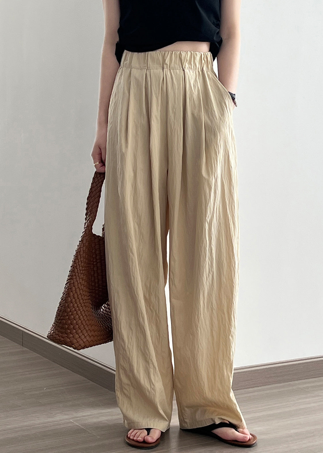 Khaki High Waist Wrinkled Cotton Wide Leg Pants Fall Af104