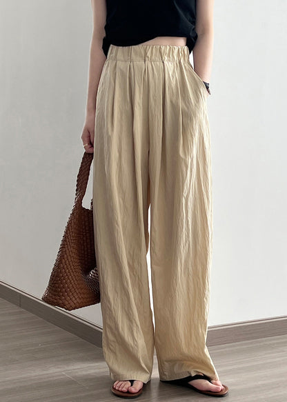 Khaki High Waist Wrinkled Cotton Wide Leg Pants Fall Af104