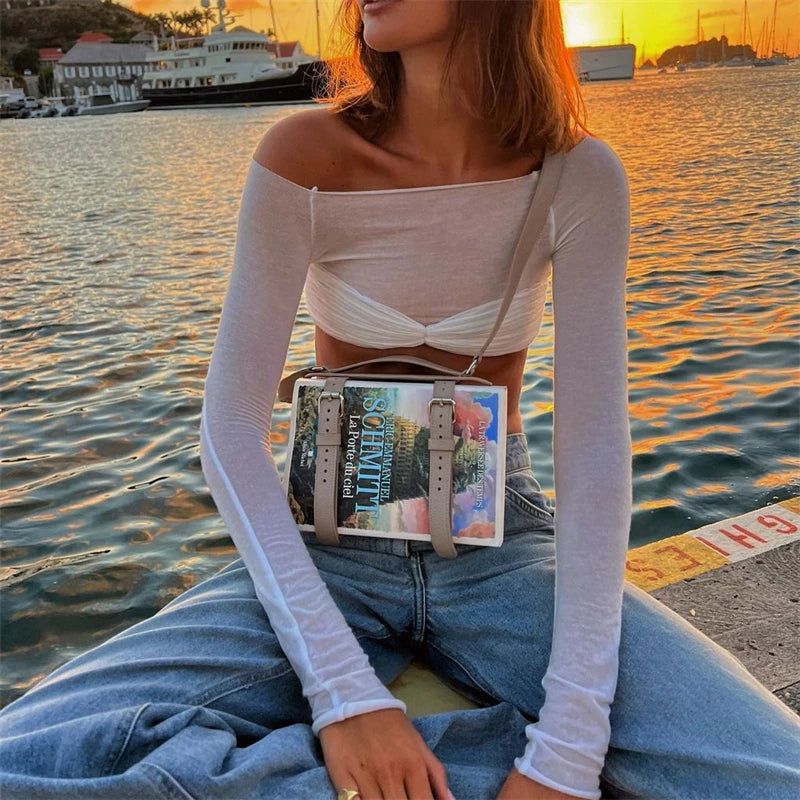 Off Shoulder Knit Sheer Tops for Summer White Lace Twist T-shirt Femme Long Sleeve Mesh Tops See-through Knitted
