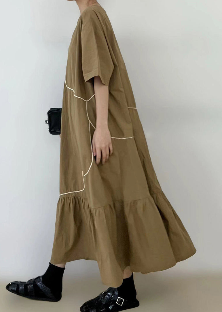 French Khaki Ruffled Patchwork Maxi Dress Short Sleeve Tt1046