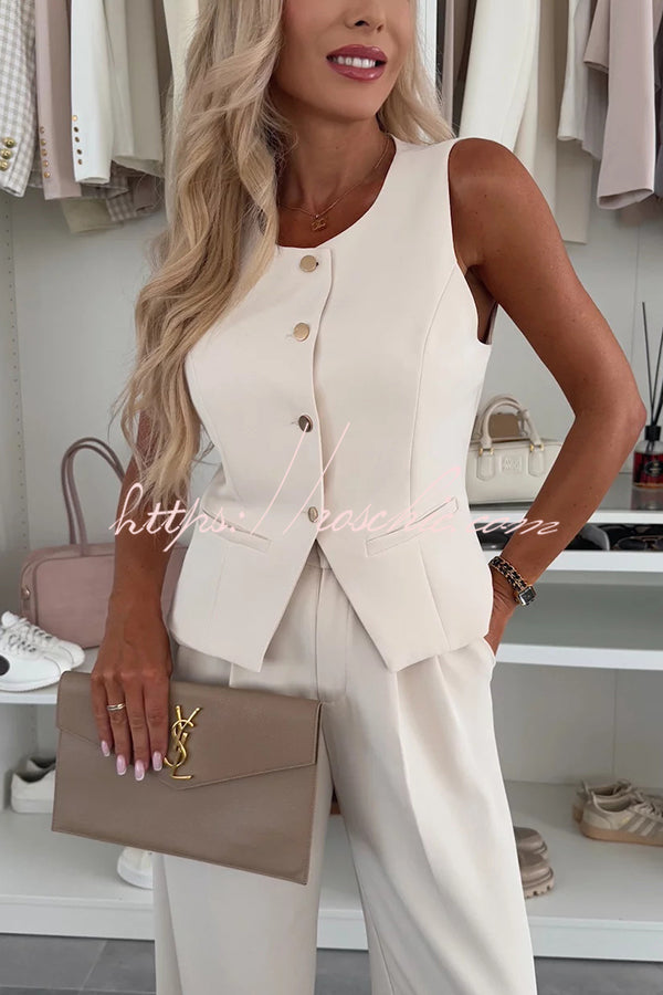 Workplace Sleeveless Button Vest and Relaxed Pocket Wide Leg Pants Set